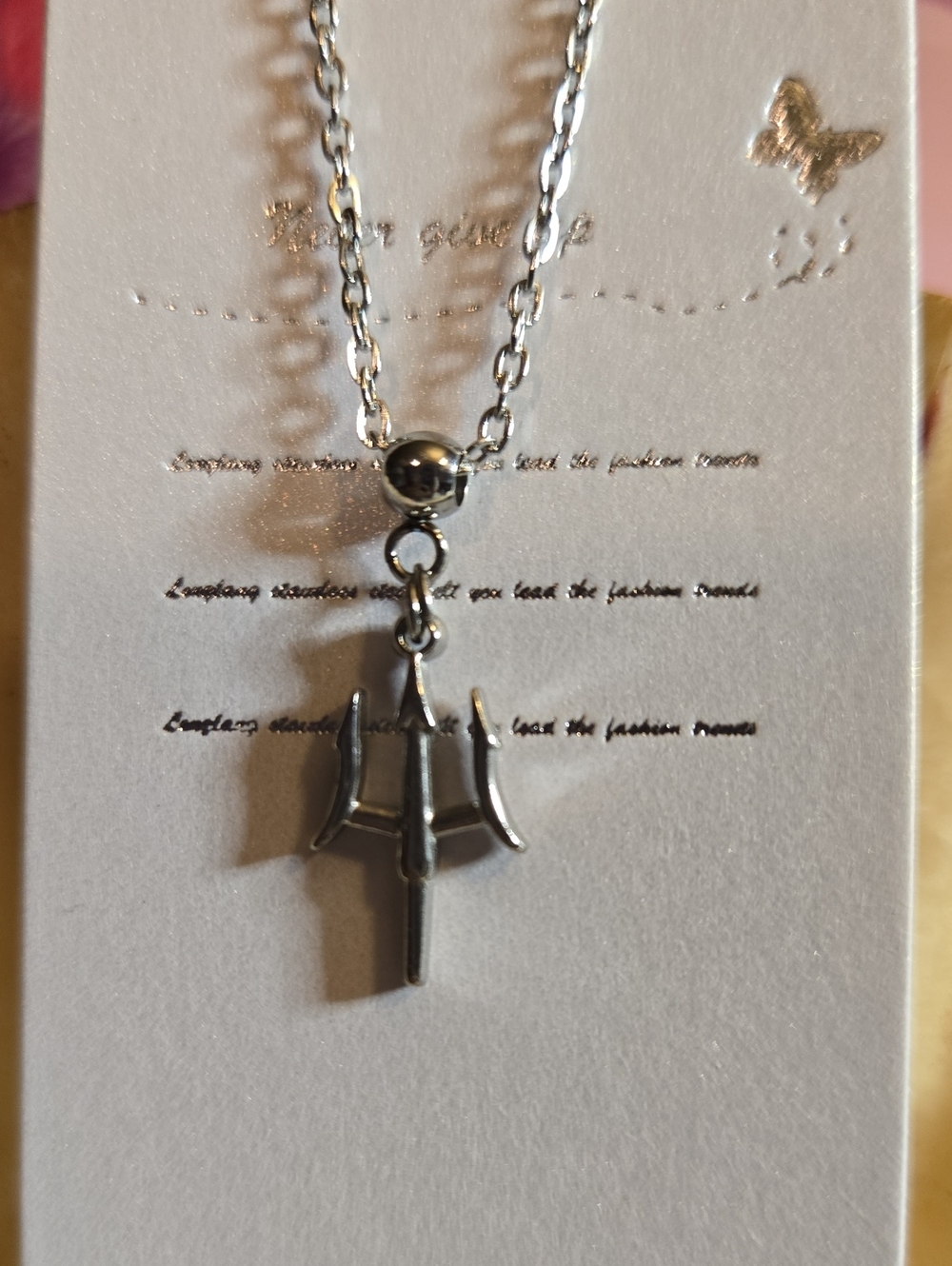 Stainless Steel Trident Pendant Necklace - Silver